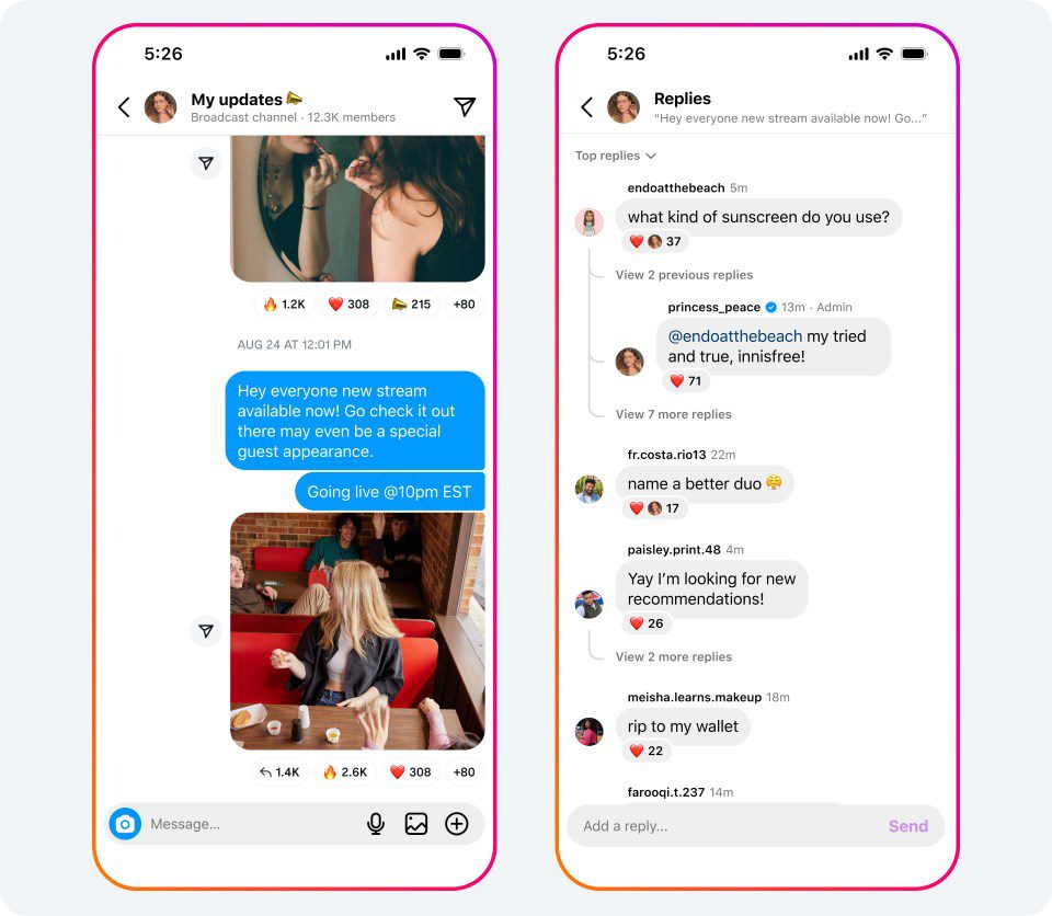 Two phone screens. One shows an Instagram creator informing her audience that new content is available. The other phone screen shows her replying to her audience regarding this content.